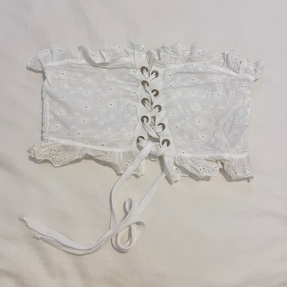 White cropped eyelet tube top with ties - size small